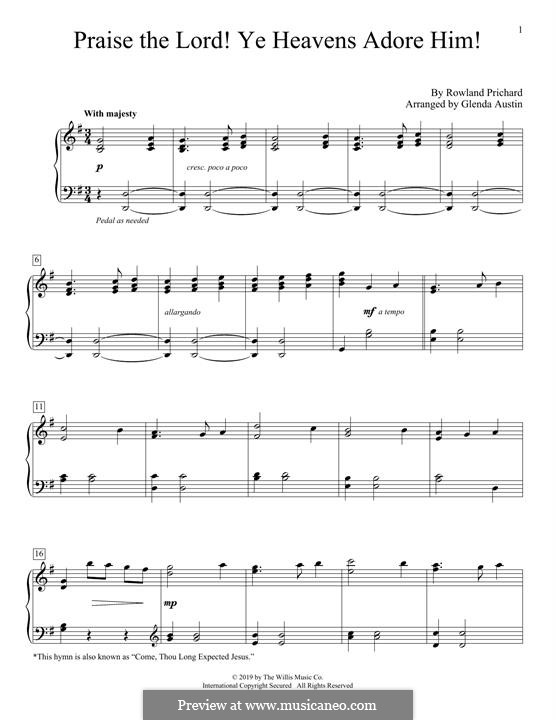Praise the Lord Ye Heavens: Für Klavier by Rowland Huw Prichard