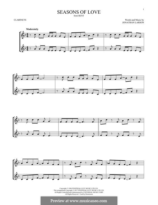 Seasons of Love (from Rent): Für zwei Klarinetten by Jonathan Larson