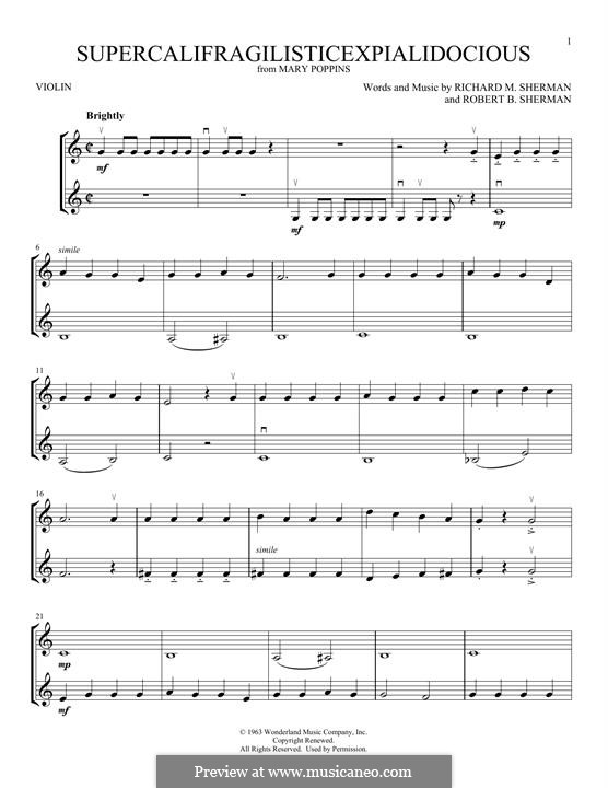 Supercalifragilisticexpialidocious (from Mary Poppins): Für zwei Violinen by Richard M. Sherman, Robert B. Sherman