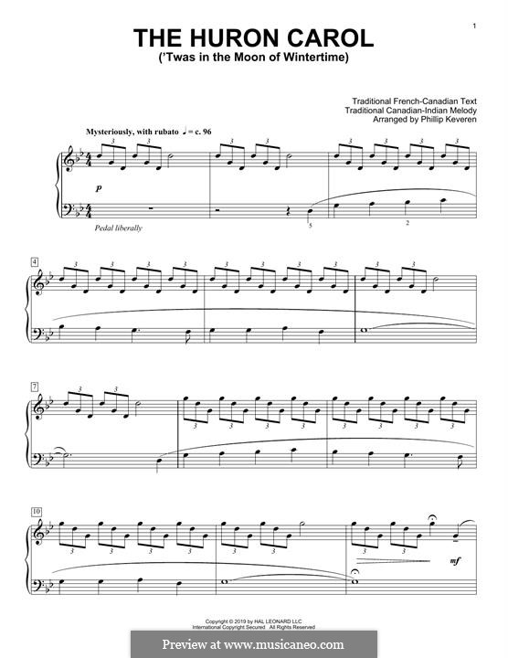 The Huron Carol: For piano (classical version) by folklore