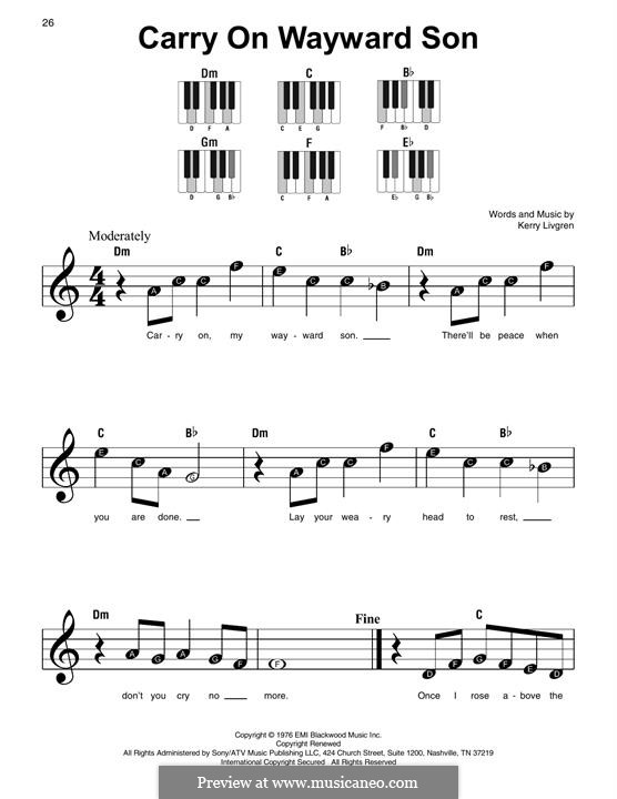 Carry on Wayward Son (Kansas): Für Klavier, leicht by Kerry Livgren