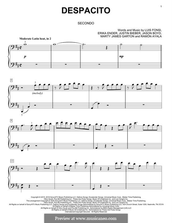 Piano version: Easy notes by Luis Fonsi, Erika Ender, Ramon Ayala