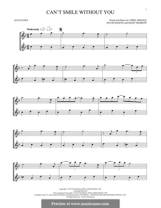 Can't Smile without You (Barry Manilow): For two alto saxophones by Chris Arnold, David Martin, Geoff Morrow