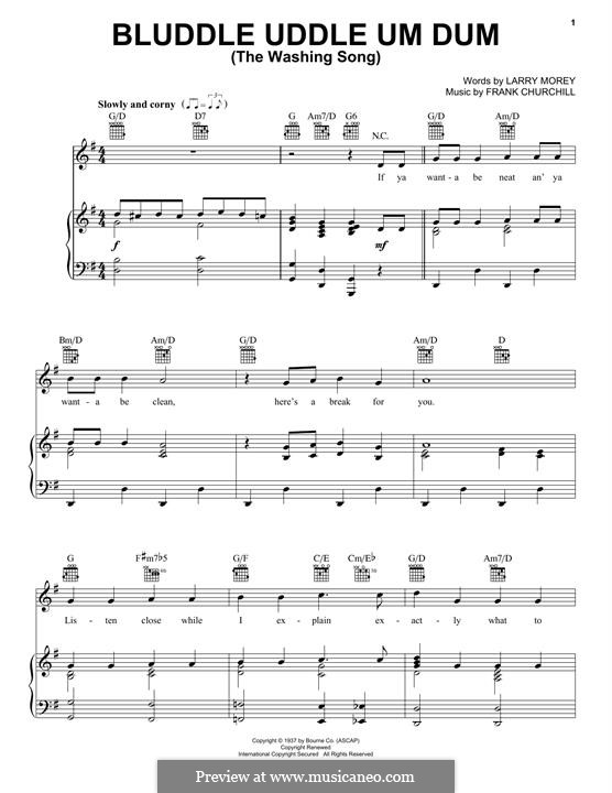 Bluddle Uddle Um Dum (The Washing Song): Für Stimme und Klavier (oder Gitarre) by Frank Churchill