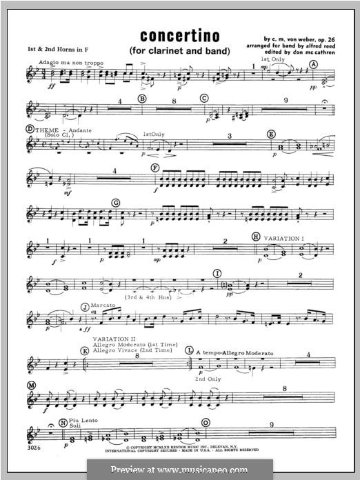 Concertino für Klarinette und Orchester, J.109 Op.26: F Horn 1 & 2 part by Carl Maria von Weber