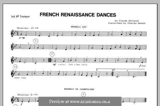 French Renaissance Dances: 3rd Bb Trumpet part by Claude Gervaise