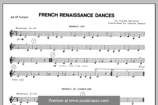 French Renaissance Dances: 4th Bb Trumpet part by Claude Gervaise