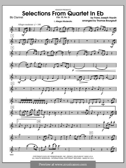 Streichquartett Nr.30 in Es-Dur 'Der Scherz', Hob.III/38 Op.33 No.2: Selections, for winds – Bb Clarinet part by Joseph Haydn