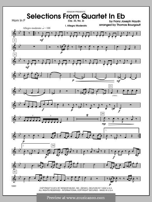 Streichquartett Nr.30 in Es-Dur 'Der Scherz', Hob.III/38 Op.33 No.2: Selections, for winds – Horn in F part by Joseph Haydn