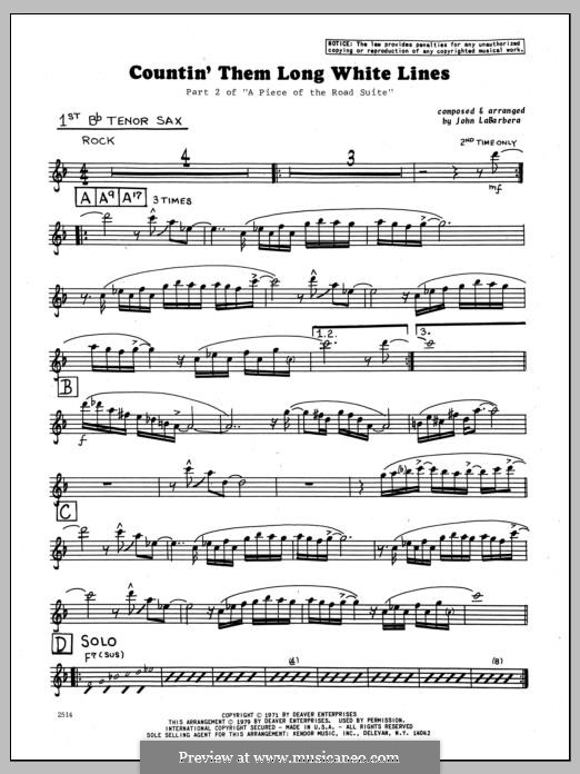 Countin' Them Long White Lines: 1st Bb Tenor Saxophone part by John LaBarbara