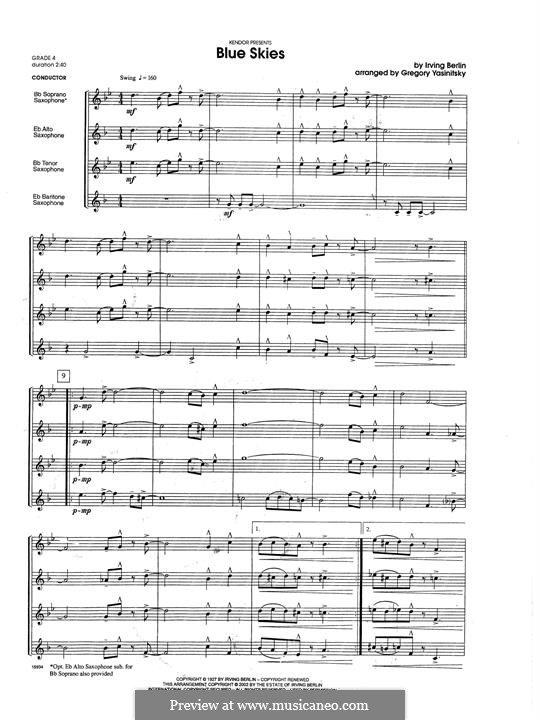 Blue Skies (Chamber arrangements): For saxophones – full score by Irving Berlin