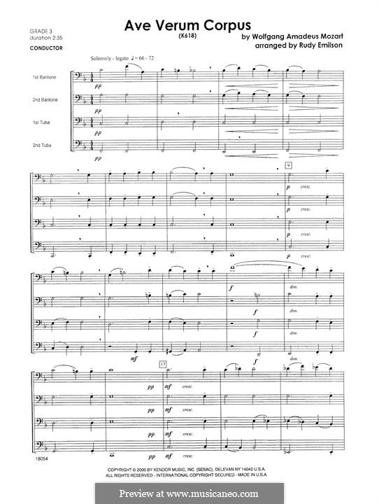 Ave verum corpus (Printabel Scores), K.618: For winds – full score by Wolfgang Amadeus Mozart