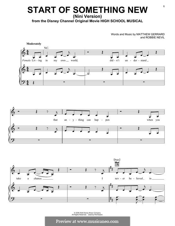 Start of Something New (from High School Musical): Für Stimme und Klavier (oder Gitarre) by Matthew Gerrard, Robbie Nevil