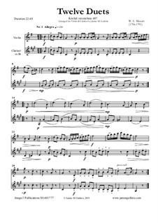Zwölf Duette für zwei Hörner, K.487: Version for Violin and Clarinet by Wolfgang Amadeus Mozart