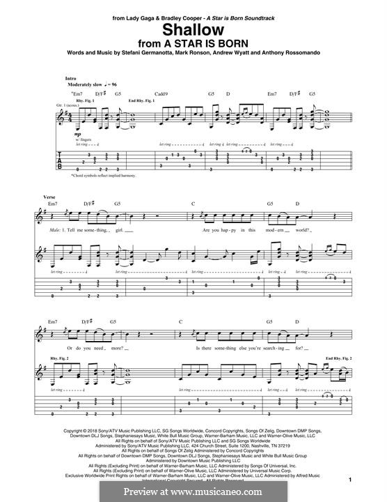 Shallow (from A Star Is Born) Lady Gaga & Bradley Cooper: Für Gitarre by Andrew Wyatt, Anthony Rossomando, Mark Ronson, Stefani Germanotta