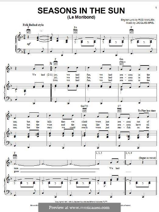 Seasons in the Sun (Westlife): Für Stimme und Klavier (oder Gitarre) by Jacques Brel