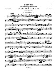 Trio für Klarinette, Bratsche (oder Violine) und Klavier in Es-Dur 'Kegelstatt', K.498: Klarinettenstimme by Wolfgang Amadeus Mozart