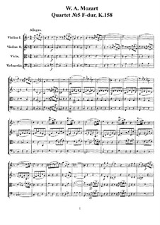 Streichquartett Nr.5 in F-Dur, K.158: Vollpartitur, Stimmen by Wolfgang Amadeus Mozart
