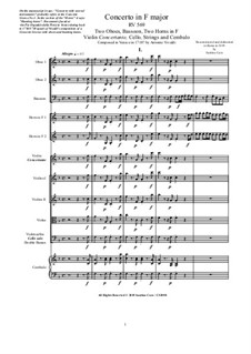 Concerto for Two Oboes, Bassoon, Two Horns, Violin, Cello, Strings and Cembalo in F Major, RV 569: Concerto for Two Oboes, Bassoon, Two Horns, Violin, Cello, Strings and Cembalo in F Major by Antonio Vivaldi