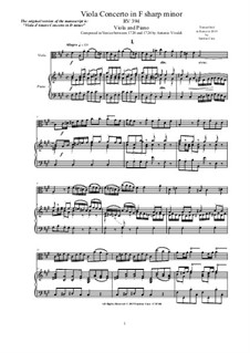 Concerto for Viola concertante, Strings and Cembalo in F sharp minor, RV 394: Version für Viola und Klavier by Antonio Vivaldi