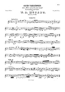 Sechs Variationen über 'Helas, j'ai perdu mon amant', K.360: Für Violine und Klavier – Violinstimme by Wolfgang Amadeus Mozart