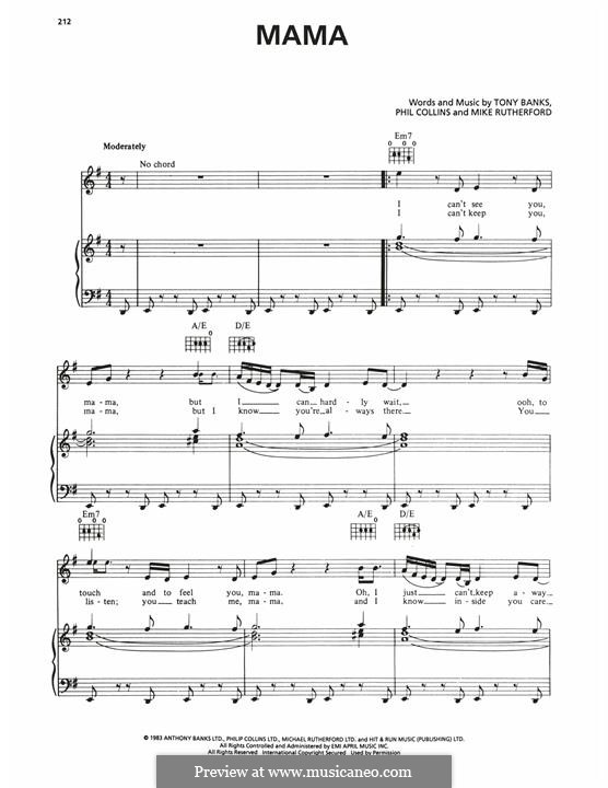 Mama (Genesis): Für Stimme und Klavier (oder Gitarre) by Tony Banks, Mike Rutherford, Phil Collins