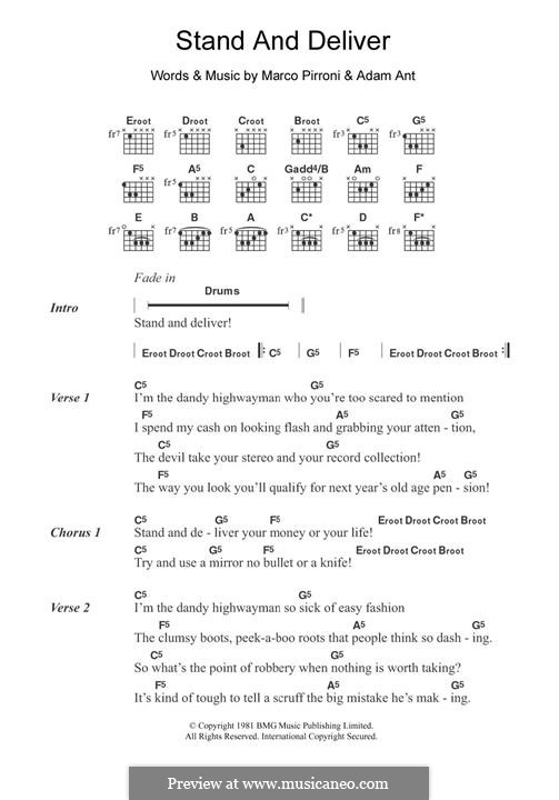 Stand and Deliver (Adam & The Ants): For lyrics and guitar chords by Adam Ant, Marco Pirroni