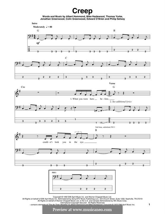 Creep (Radiohead): Für Bassgitarre mit Tabulatur by Albert Hammond, Colin Greenwood, Ed O'Brien, Jonny Greenwood, Mike Hazelwood, Phil Selway, Thomas Yorke