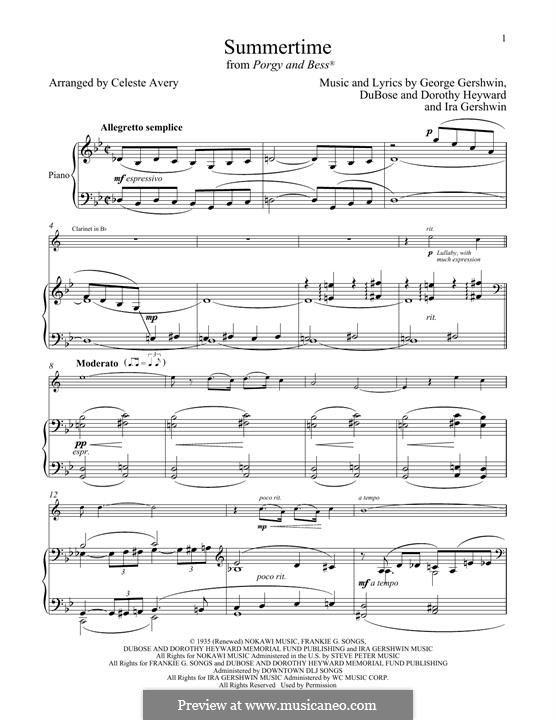 Summertime, for two instruments: Für Klarinette und Klavier by George Gershwin