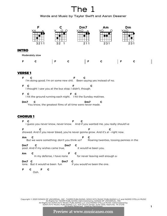 The 1 (Taylor Swift): Lyrics and guitar chords by Aaron Dessner