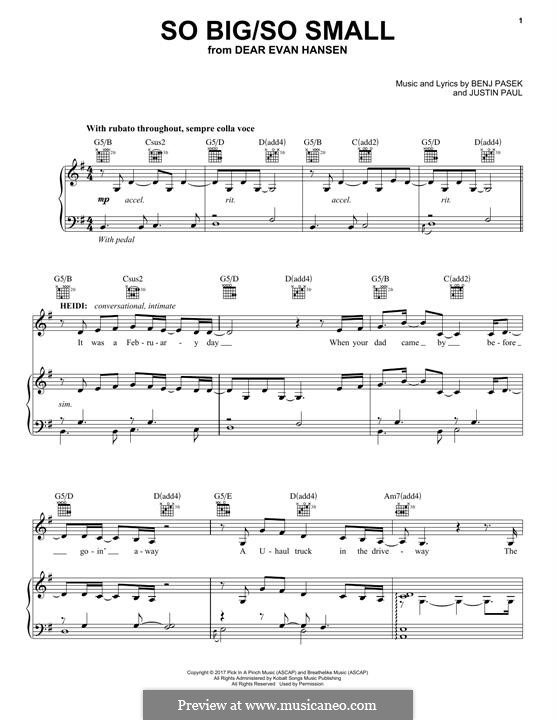 So Big/So Small (from Dear Evan Hansen): Für Stimme und Klavier (oder Gitarre) by Justin Paul, Benj Pasek