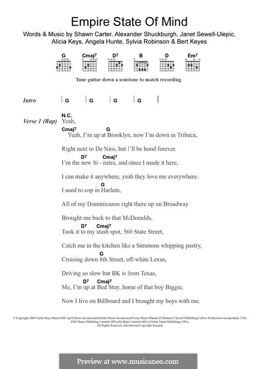 Empire State of Mind: Lyrics and guitar chords by Alexander Shuckburgh, Alicia Keys, Angela Hunte, Bert Keyes, Janet Sewell-Ulepic, Jay-Z, Sylvia Robinson