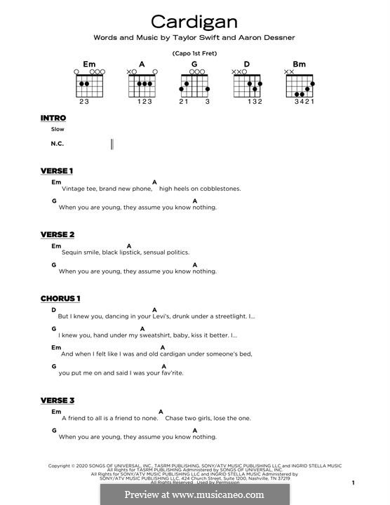 Cardigan von A. Dessner, T. Swift Noten auf MusicaNeo