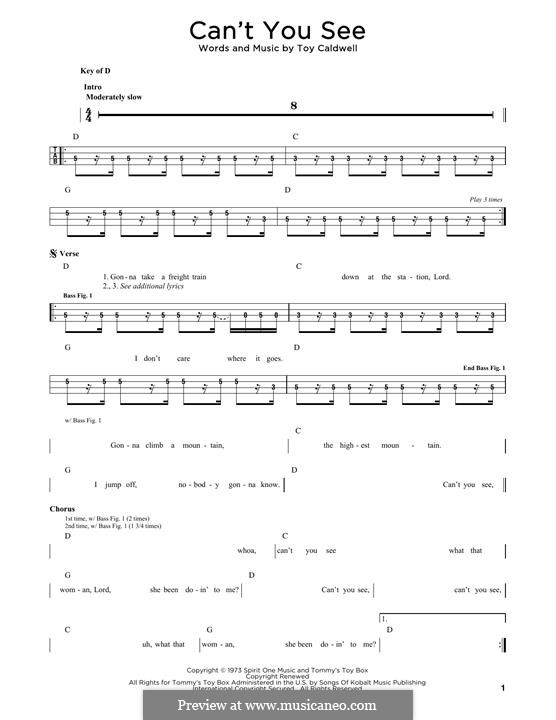 Can't You See (Marshall Tucker Band): For bass guitar tab by Toy Caldwell
