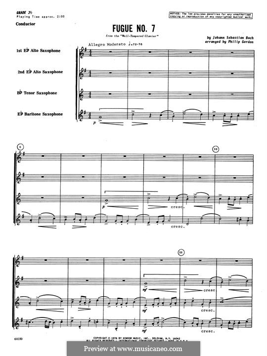 Präludium und Fuge Nr.7 in Es-Dur, BWV 876: Fugue, for saxophones – full score by Johann Sebastian Bach