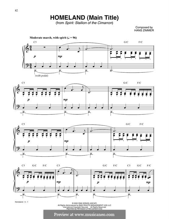 Homeland (Main Title from Spirit: Stallion of the Cimarron): Für Klavier by Hans Zimmer