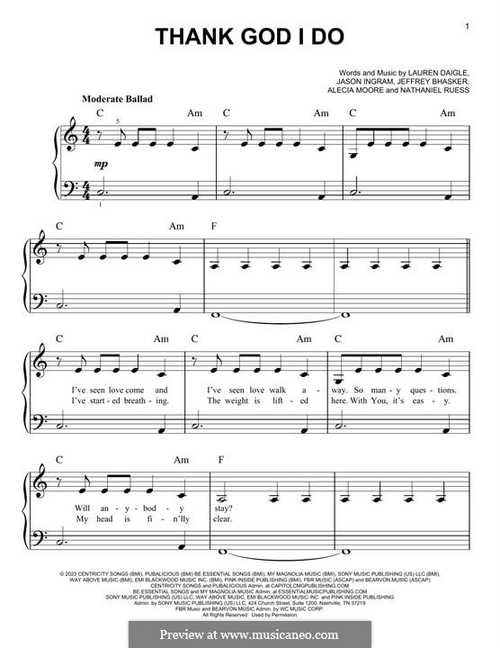 Thank God I Do (Lauren Daigle): Für Klavier by Alecia Moore, Jason David Ingram