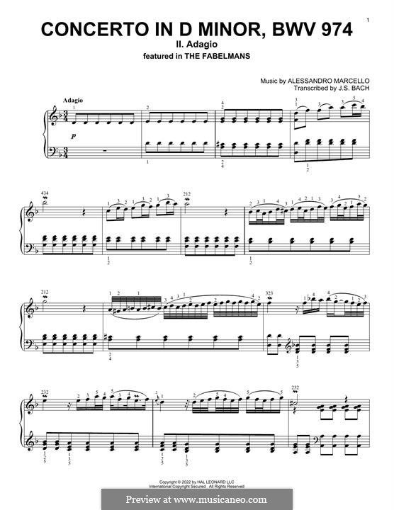 Concerto for Oboe and Stings in D Minor, Op.2: Adagio. Arrangement for piano by Alessandro Marcello