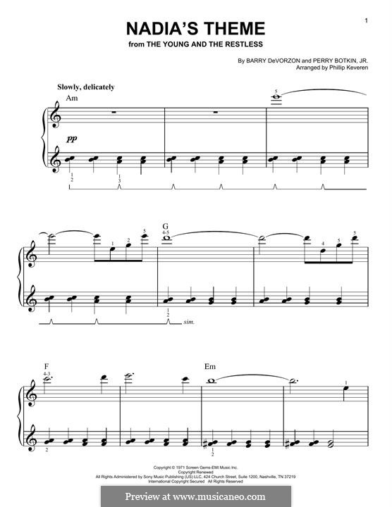 Nadia's Theme (from The Young and the Restless): Für Klavier by Barry DeVorzon, Perry Botkin Jr.