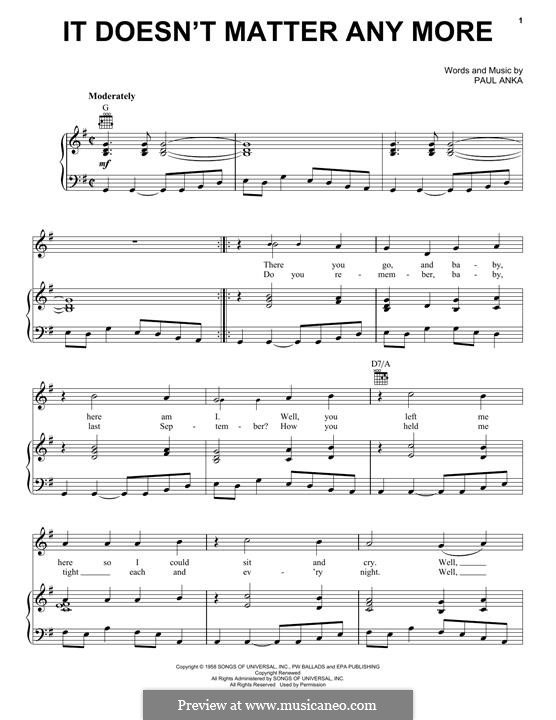 It Doesn't Matter Anymore: Für Stimme mit Klavier oder Gitarre (Linda Ronstadt) by Paul Anka