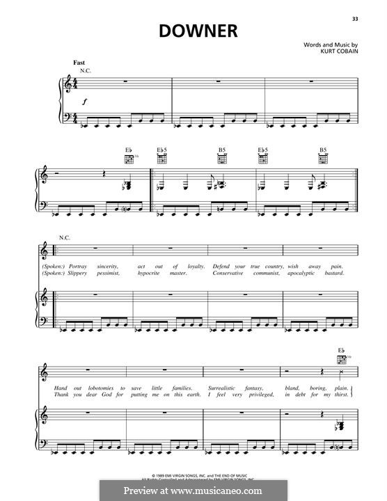 Downer (Nirvana): Für Stimme und Klavier (oder Gitarre) by Kurt Cobain