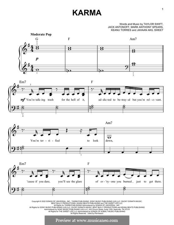 Karma (Taylor Swift): Für Klavier, leicht by Jack Antonoff