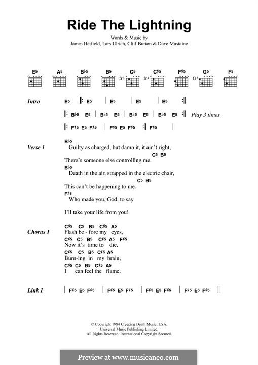 Ride the Lightning (Metallica): Lyrics and guitar chords by Cliff Burton, Dave Mustaine, James Hetfield, Lars Ulrich