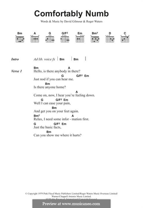 Comfortably Numb (Pink Floyd): Lyrics and guitar chords by David Gilmour, Roger Waters