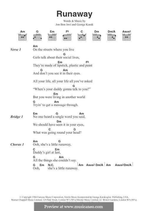 Runaway (Bon Jovi): Lyrics and guitar chords by George Karakoglou, Jon Bon Jovi