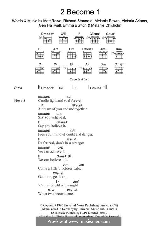 2 Become 1 (The Spice Girls): Lyrics and guitar chords by Emma Bunton, Geri Halliwell, Matt Rowe, Melanie Brown, Melanie C, Richard Stannard, Victoria Adams