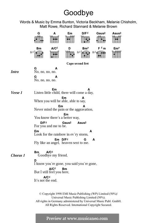 Goodbye (The Spice Girls): Lyrics and guitar chords by Emma Bunton, Matt Rowe, Melanie Brown, Melanie C, Richard Stannard, Victoria Adams
