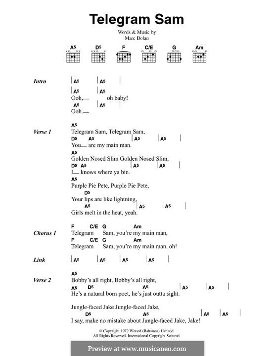 Telegram Sam (T Rex): Lyrics and guitar chords by Marc Bolan