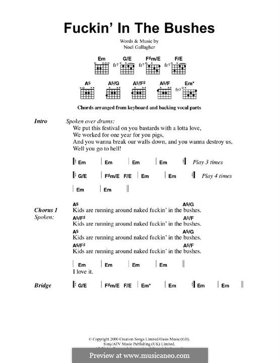 Fuckin' in the Bushes (Oasis): Lyrics and guitar chords by Noel Gallagher