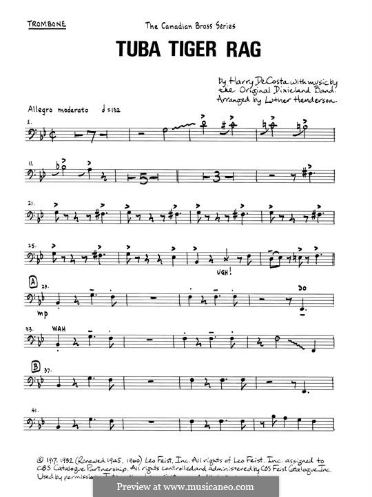 Tuba Tiger Rag: Trombone (B.C.) part by Unknown